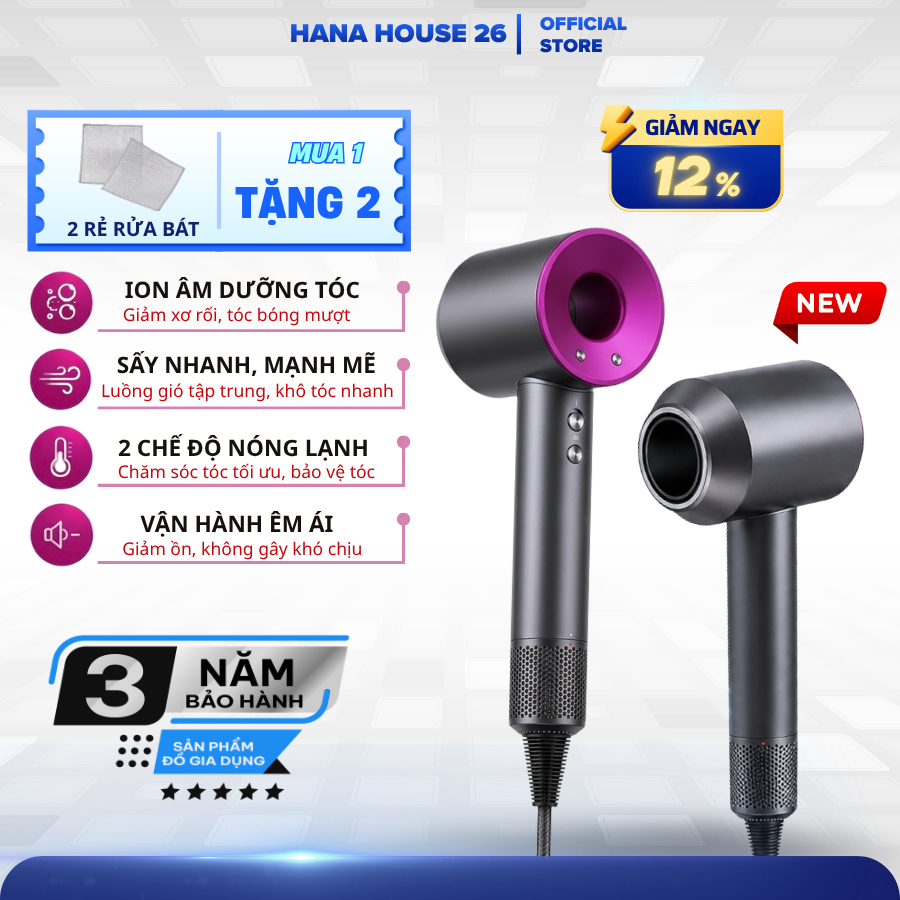 Máy Sấy Tóc ION Âm Không Cánh 2 Chiều Nóng Lạnh, 3 Mức Gió Công Suất Cao Kèm 5 Đầu Sấy Tóc Hót