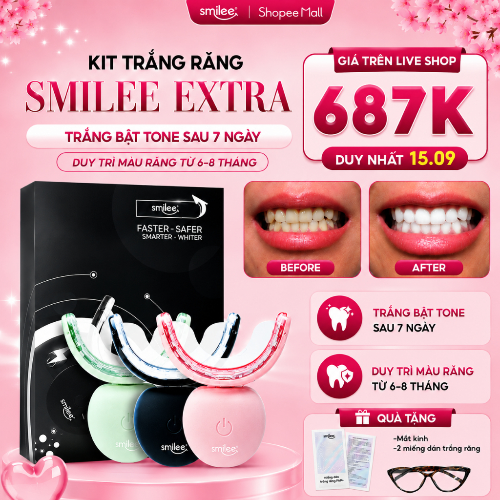 [GIÁ 631K TẠI LIVE SHOP] Trắng răng SMILEE EXTRA, bộ kit làm trắng răng từ 2-6 tone tại nhà, bộ quà 
