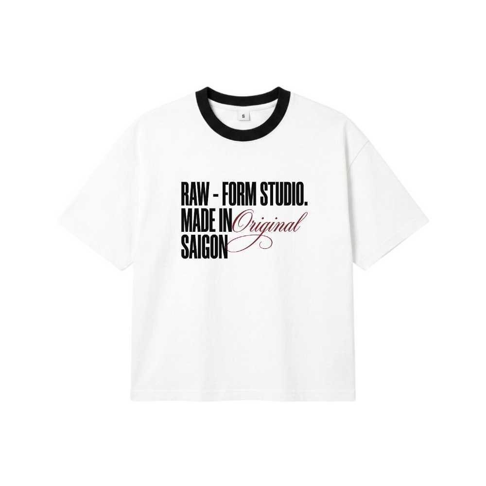 Áo Thun Boxy Trắng Cổ Đen RAW FORM STUDIO Original Saigon Streetwear Cotton Cao Cấp - 250826-16-59-B
