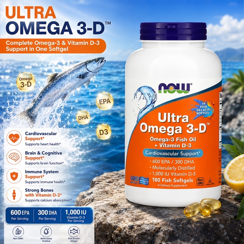 NOW Ultra Omega 3-D Fish Oil 600mg EPA 300mg DHA + Vitamin D3 1000 IU 180 Viên