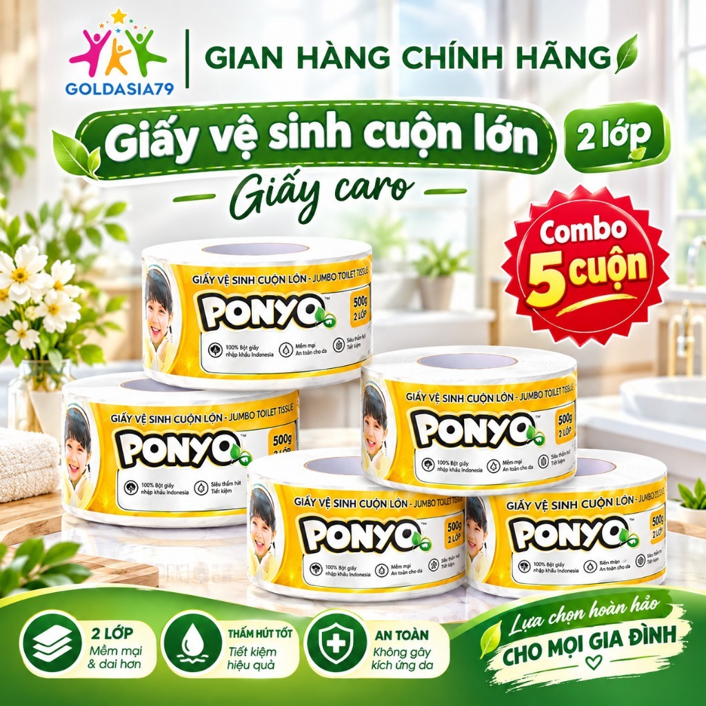 Combo 5 Cuộn Giấy Vệ Sinh Cuộn Lớn Ponyo JB500 500g/Cuộn, 2 Lớp Mềm Mịn, Họa Tiết Caro, Thấm Hút Tốt