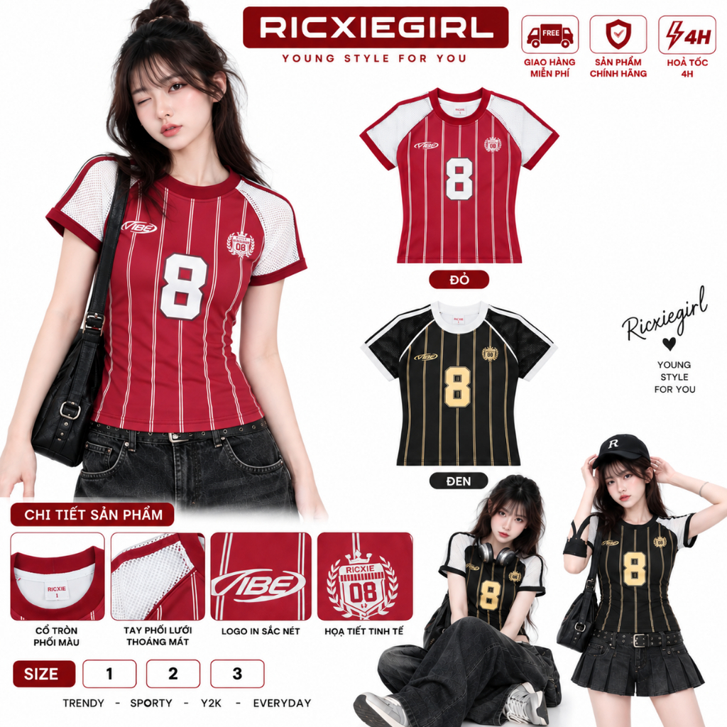 Áo Baby Tee Nữ RICXIE GIRL Form Ôm Phối Lưới Jersey Số 8 Phong Cách Y2K