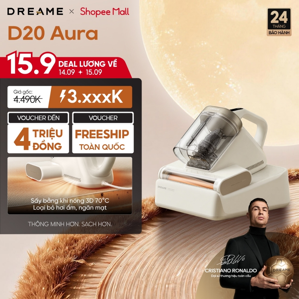 Dreame D20 Aura Máy hút bụi giường nệm diệt khuẩn LED UV | lực hút 16.000Pa | sấy khí nóng 3D 70°C | BH 24 tháng