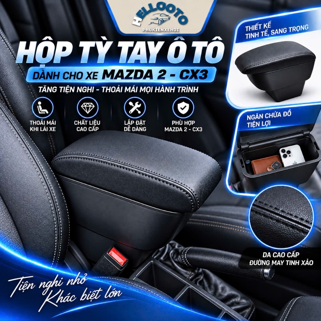 Hộp Tỳ Tay Mazda 2 Mazda CX3 cao cấp bọc da nhựa ABS - Có Cổng Sạc USB Ngăn Chứa Đồ Rộng Lắp Đặt Dễ 