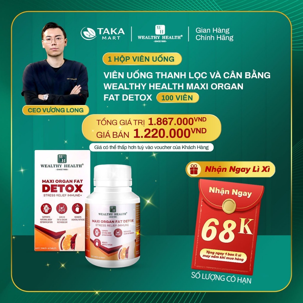 Viên Uống Thải Độc Mỡ Nội Tạng, Giảm Căng Thẳng, Wealthy Health Maxi Organ Fat Detox 60 Viên | ÚC