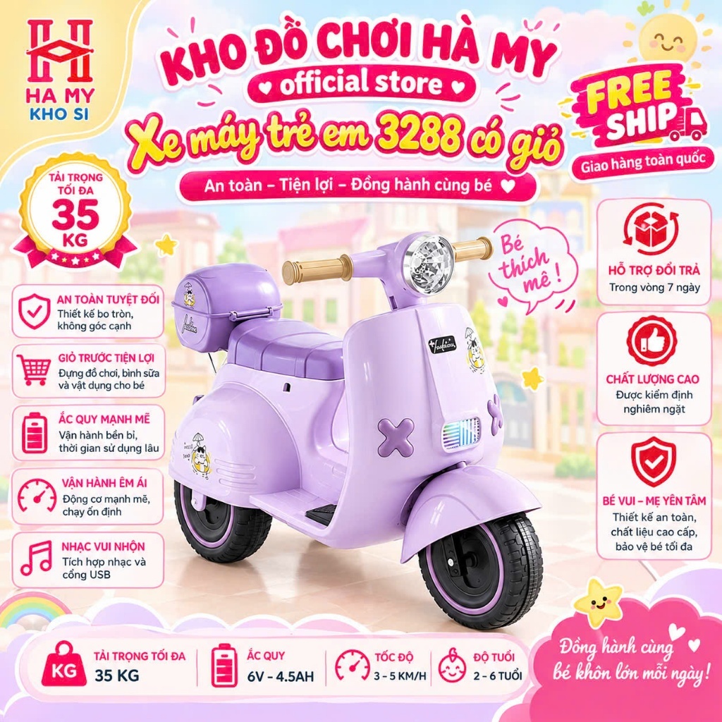 Xe Máy Điện Trẻ Em Vespa Cao Cấp 1-4 Tuổi Kiểu Dáng Thời Trang 3288 MẪU MỚI…