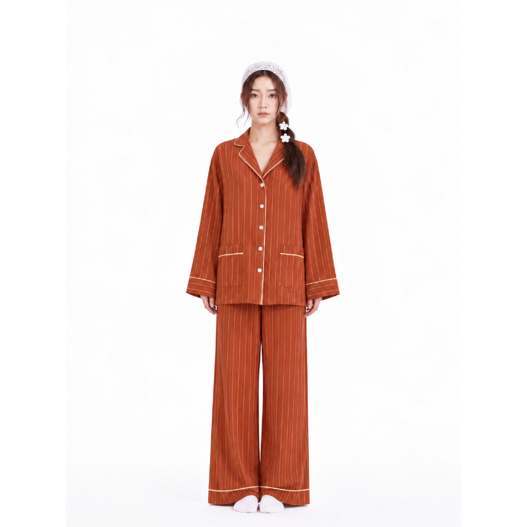 [ Fit to sleep ] EMBER – Bộ Pijama Nữ Dài Tay Sọc Dọc Form Rộng Phối Viền