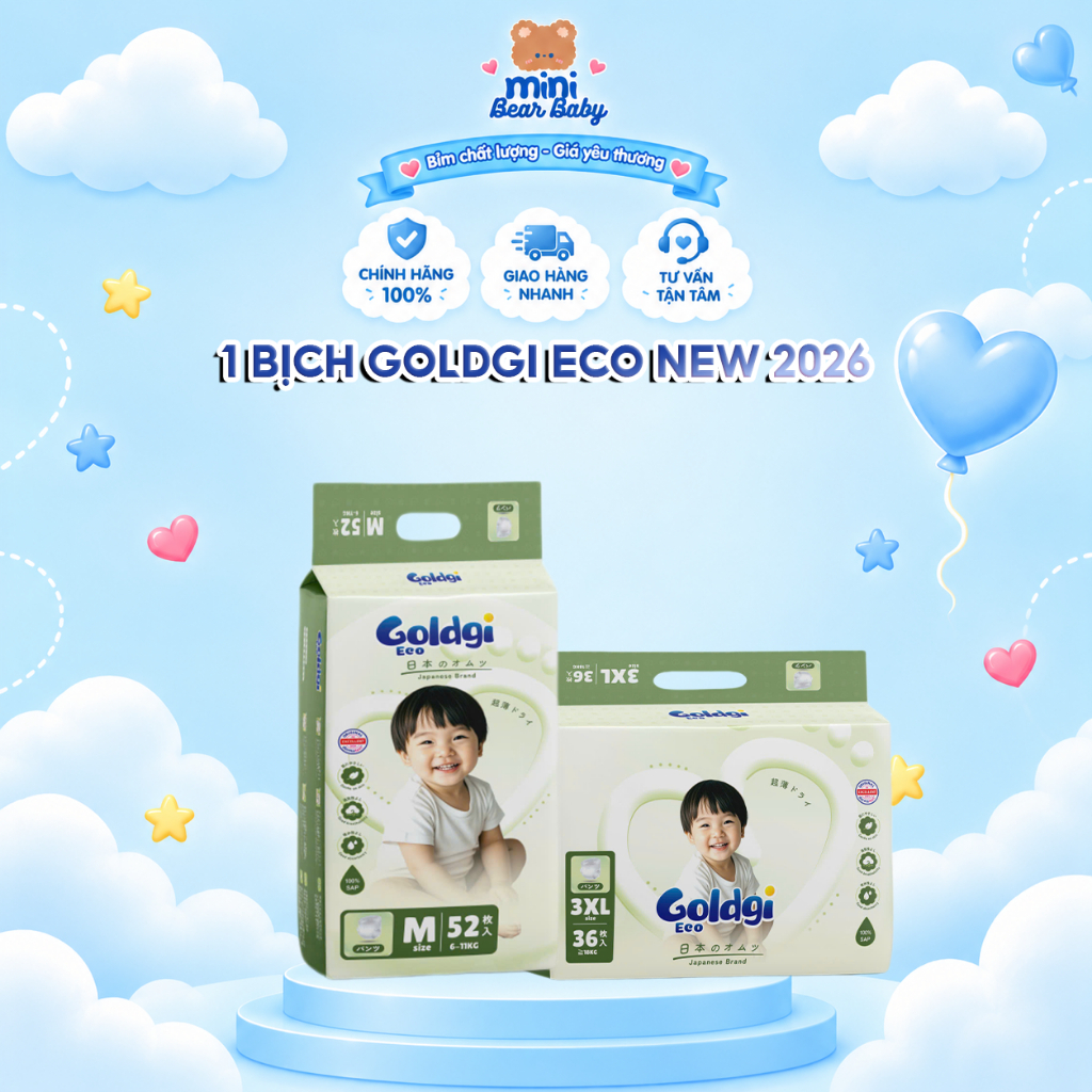 Tã Bỉm Goldgi Eco New 2026 Mỏng Nhẹ Chính Hãng Đủ Size Dán Quần Cho Bé