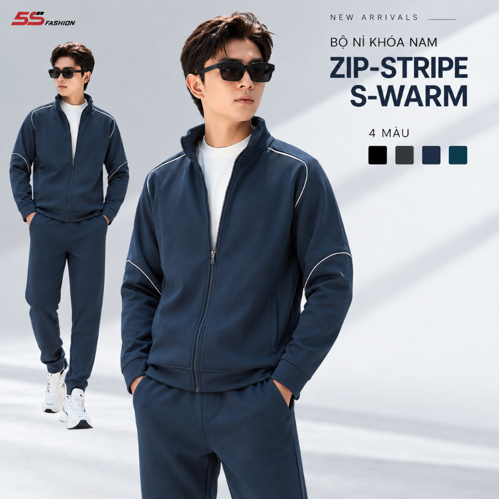 [GIÁ MỞ BÁN]Quần Áo Nỉ Khóa Nam ZIP-STRIPE S-WARM 5S FASHION Cao Cấp, Phối Line Khỏe Khoắn MBNKR5027