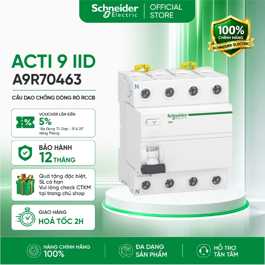 Cầu dao chống dòng rò RCCB 4P 4.5kA 30mA - 400VAC - Acti 9 iID K Schneider Electric A9R50425 A9R5044