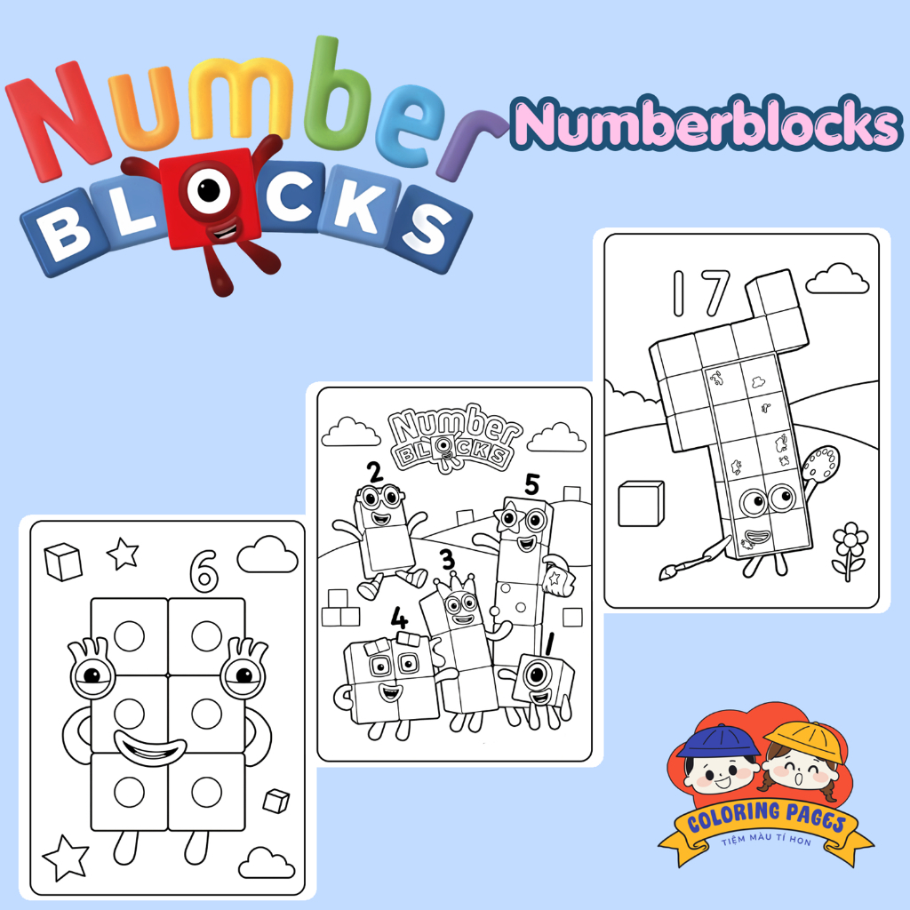 Combo 50/25 tờ tranh tô màu, tranh tập tô cho bé hình hoạt hình Numberblocks giấy A4, A5 T1228NB