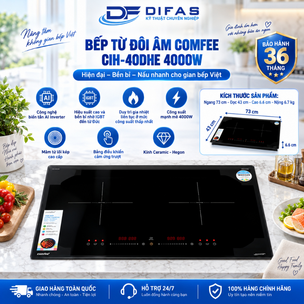 Bếp Từ Đôi Âm Comfee CIH-40DHE 4000W Chính Hãng | AI Inverter | Booster 2200W | Mặt Kính Hegon Đức -