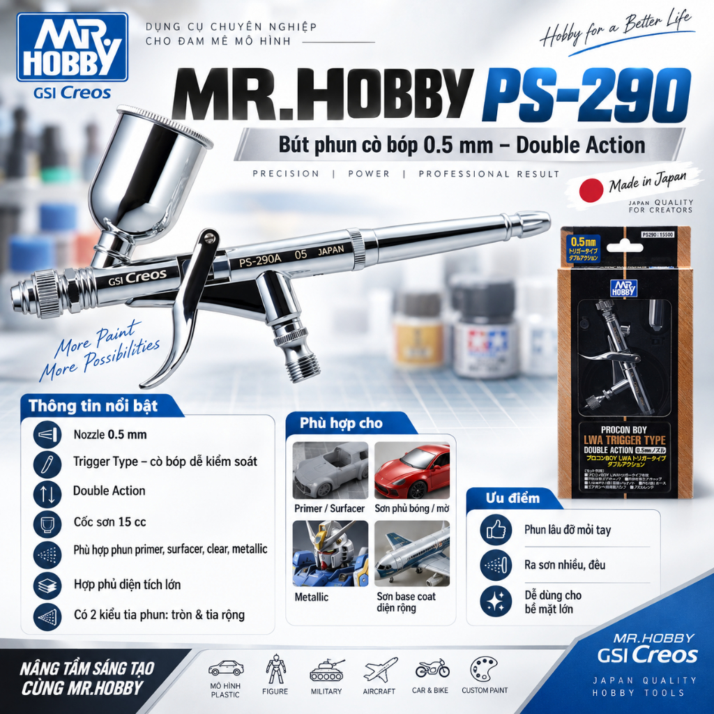 Bút vẽ PS 290 airbrush Mr hobby Procon Boy LWA Trigger Type Double Action 0.5mm
