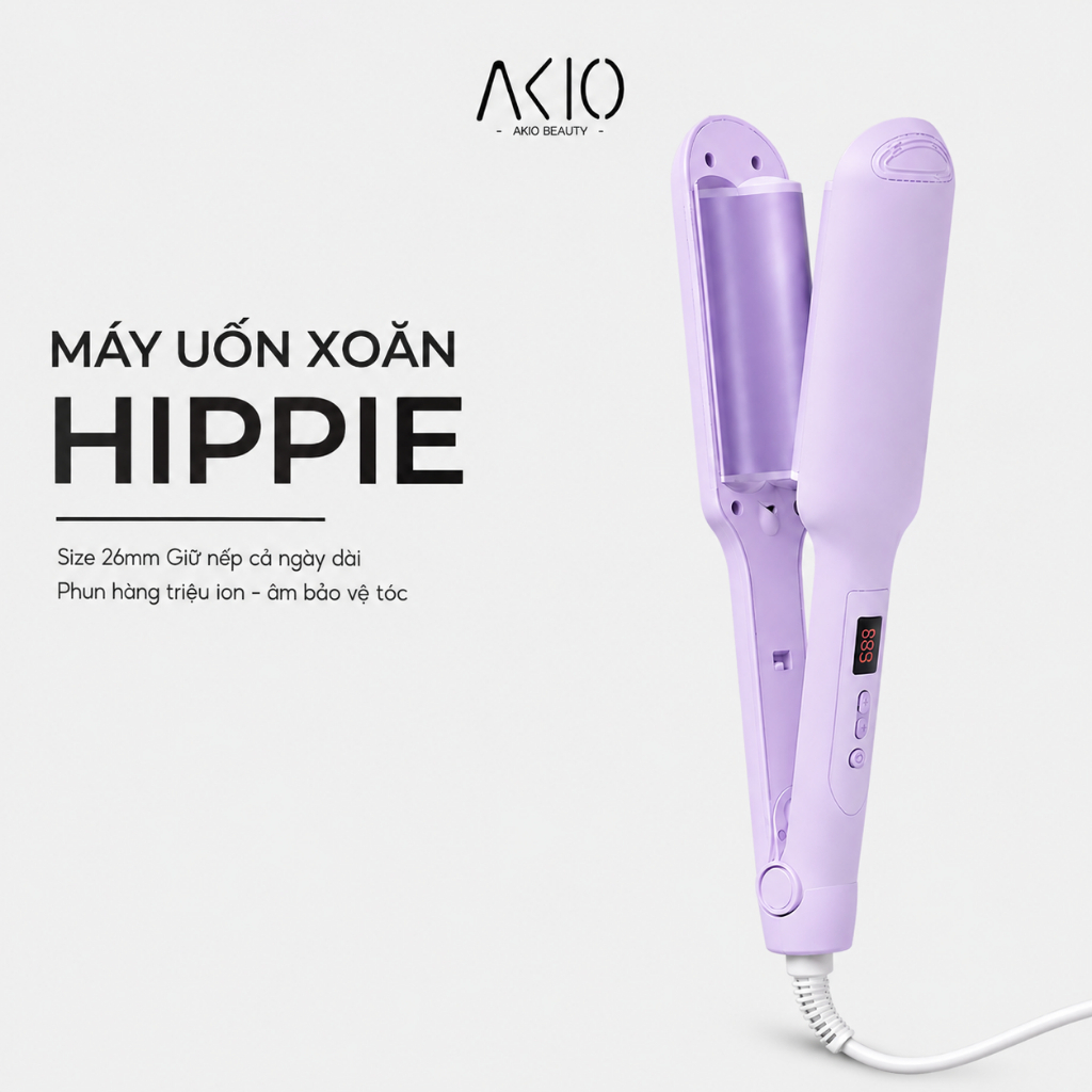 Máy Uốn Tóc Hippie A188  AKIO BEAUTY  2 trục  26mm, Công Nghệ Ion Âm, Phủ Men Gốm