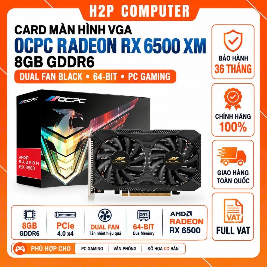 Card màn hình OCPC Radeon RX 6500 XM 2X Fans Black | 8GB GDDR6, 64-bit, Dual Fan - BH 36 tháng