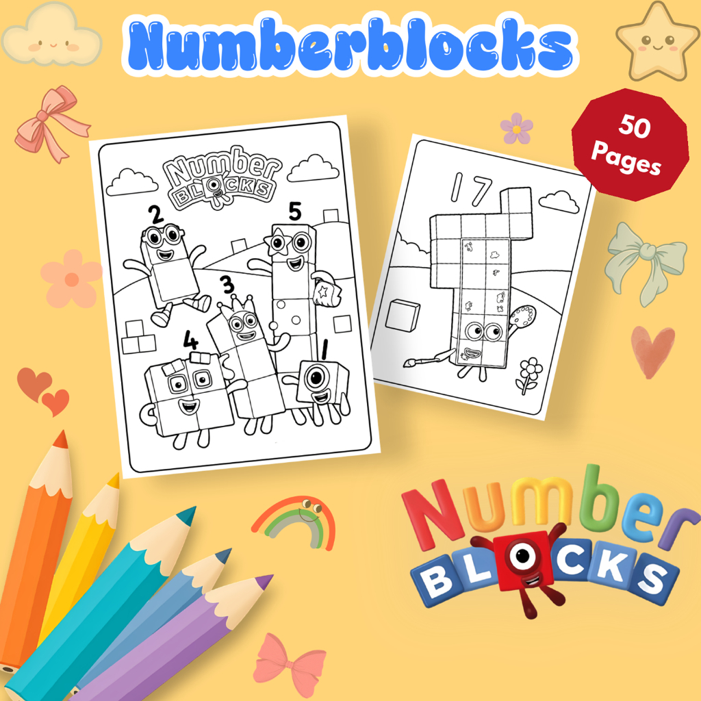 Bộ 50/25 tờ tranh tô màu, tranh tập tô cho bé hình hoạt hình Numberblocks giấy A4, A5 M1228NB