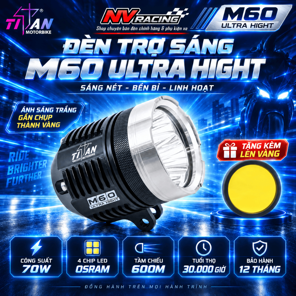 Titan M60 Ultra Hight, Đèn Trợ Sáng Titan Moto M60 Ultra Hight 70W Siêu Sáng Chống Nước - BH 1 Năm