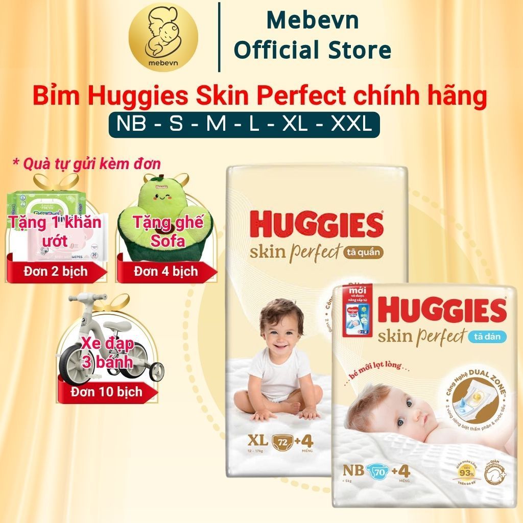 Tã huggies skin perfect dán nb74 s82 m79 quần m98 l88 xl76 xxl68 đủ size cho bé