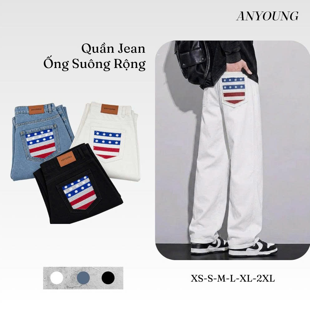 Quần Jean Ống Suông Rộng ANYOUNG-Nổi Bật Với Túi Sau Thêu  'Cờ Sao' Form Rộng Streetwear Nam Nữ Chất