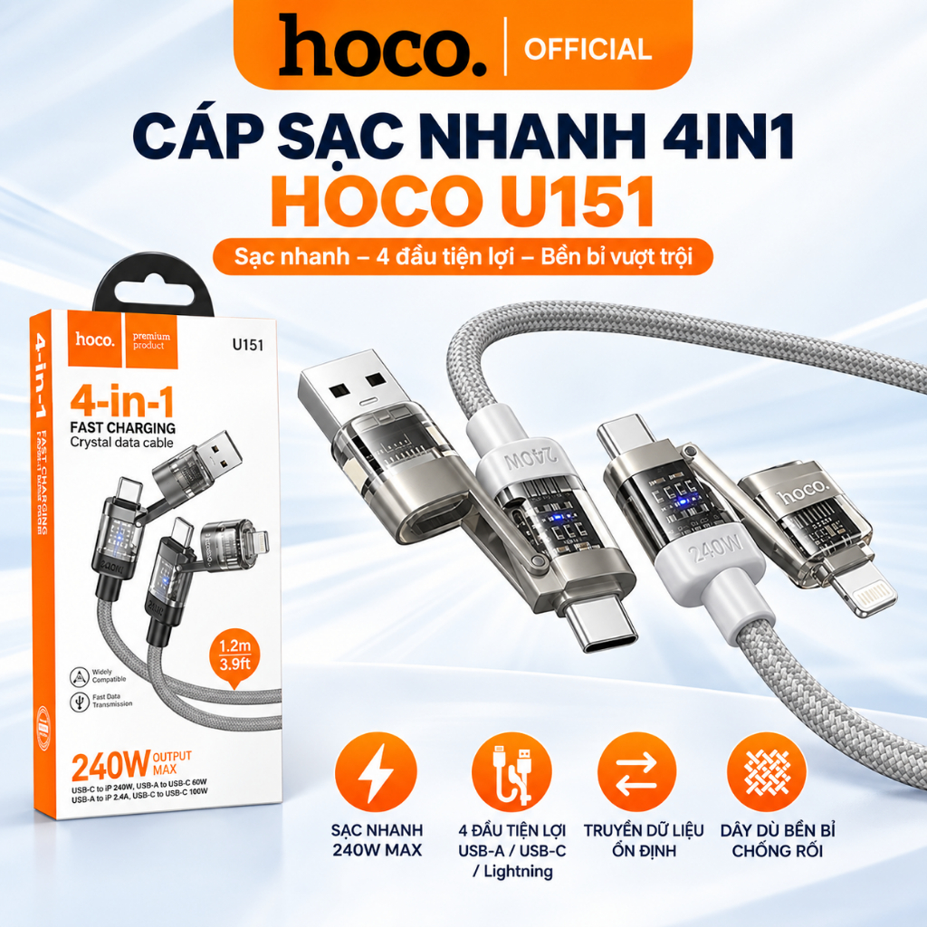 Cáp sạc nhanh đa năng Hoco U151 trong suốt có led khi sạc biến đổi 4in1 dây dù 1.2m