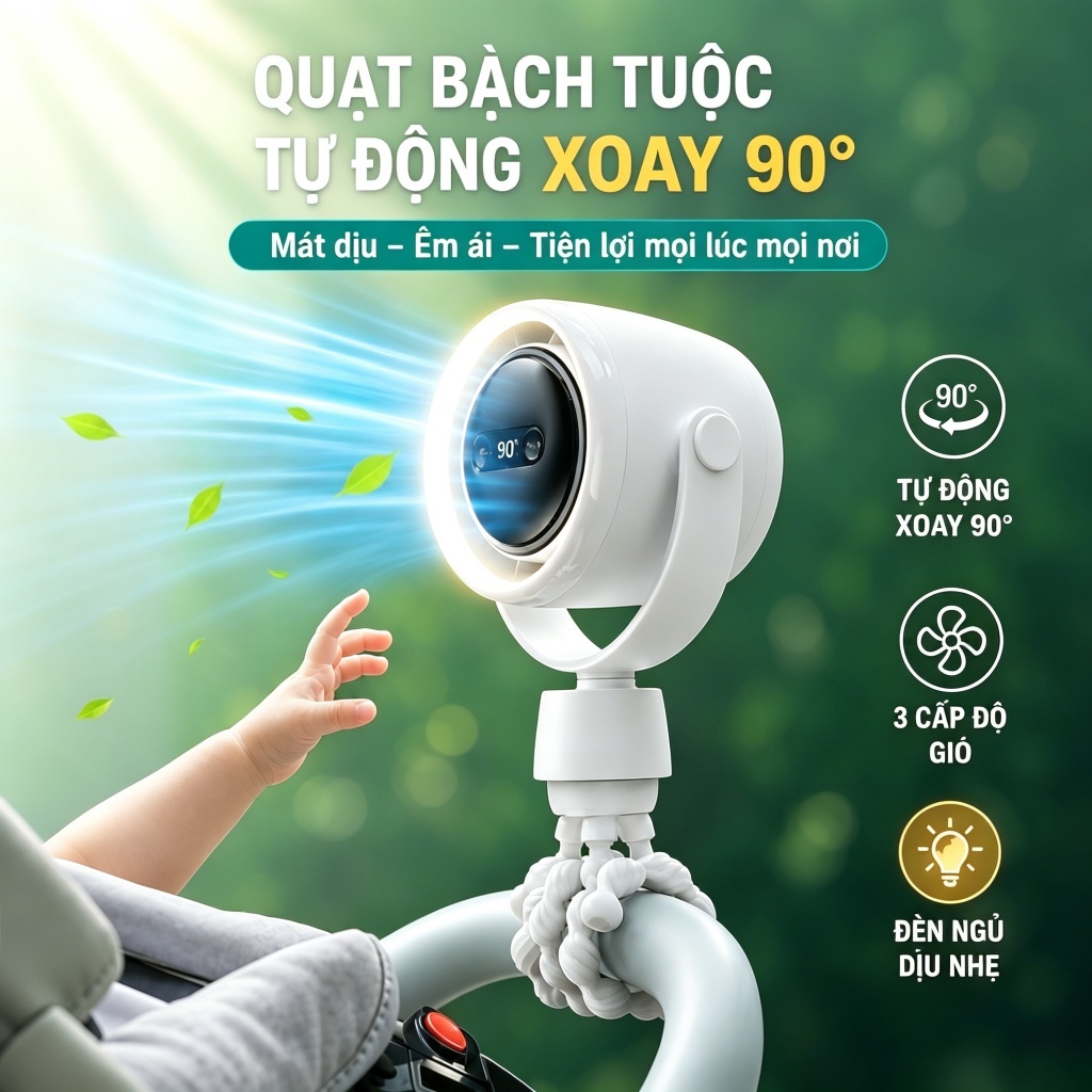 Quạt Bạch Tuộc Mini Cho Xe Đẩy Em Bé 7200mAh/20000mAh 3 Cấp Độ Gió Có Đèn Ngủ Phiên Bản Xoay