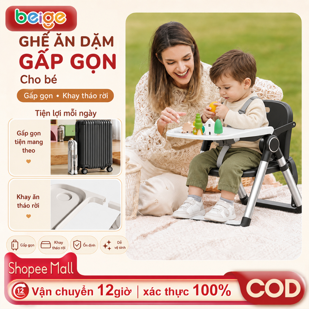 ghế ăn dặm cho bé Beige,Ghế du lịch, có thể gấp gọn và dễ dàng cất giữ.Khay có thể tháo rời