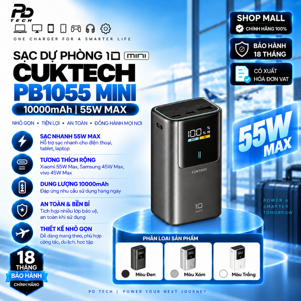 Pin Sạc Dự Phòng CUKTECH Mini PB1055 10000mAh 55W, Sạc Nhanh Xiaomi 55W, Samsung 45W, Chứng Nhận CCC