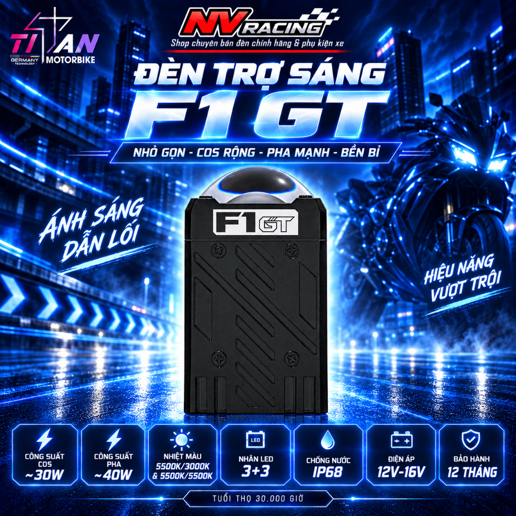 F1 GT, Đèn Trợ Sáng Bi Cầu Mini Titan F1 GT 40W Siêu Sáng Chính Hãng, Ánh Sáng Mạnh, Tản Nhiệt Tốt