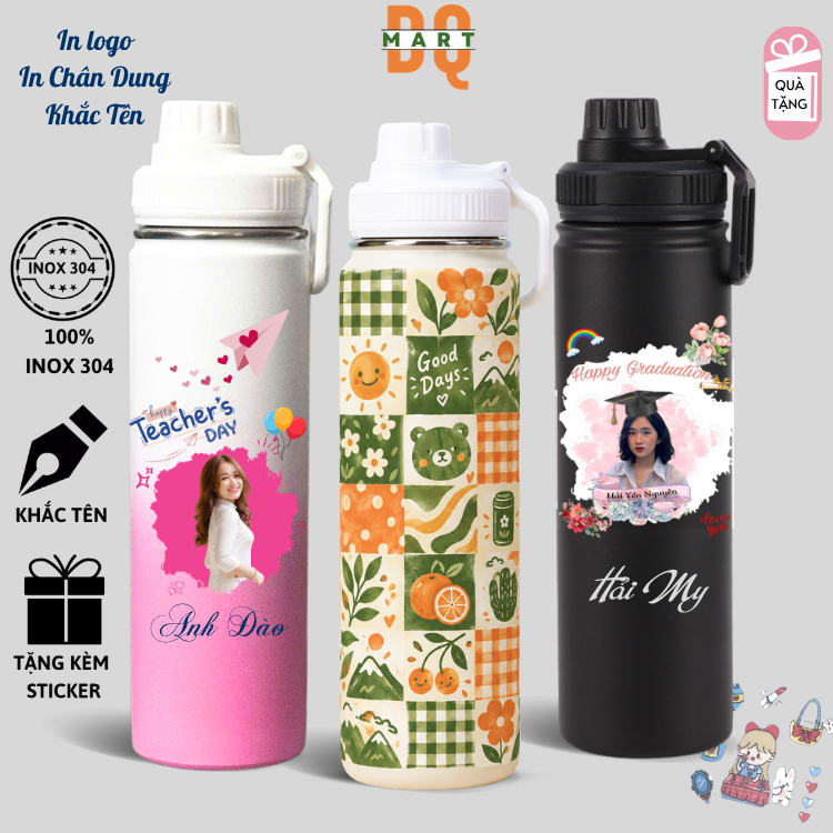 Bình giữ nhiệt 750ML Grand Thermos DQMart Chai thể thao 12 giờ giữ ấm, Tặng kèm sticker,tặng ống hút