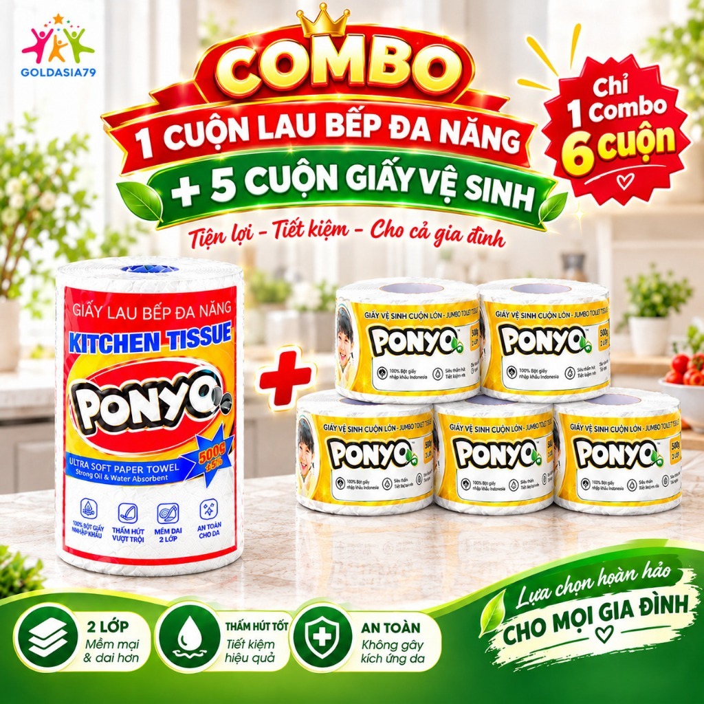 Combo 1 cuộn  giấy lau bếp 500gram và 5 cuộn giấy vệ sinh JB500 loại 500gram/cuộn, lau bếp, lau tay,