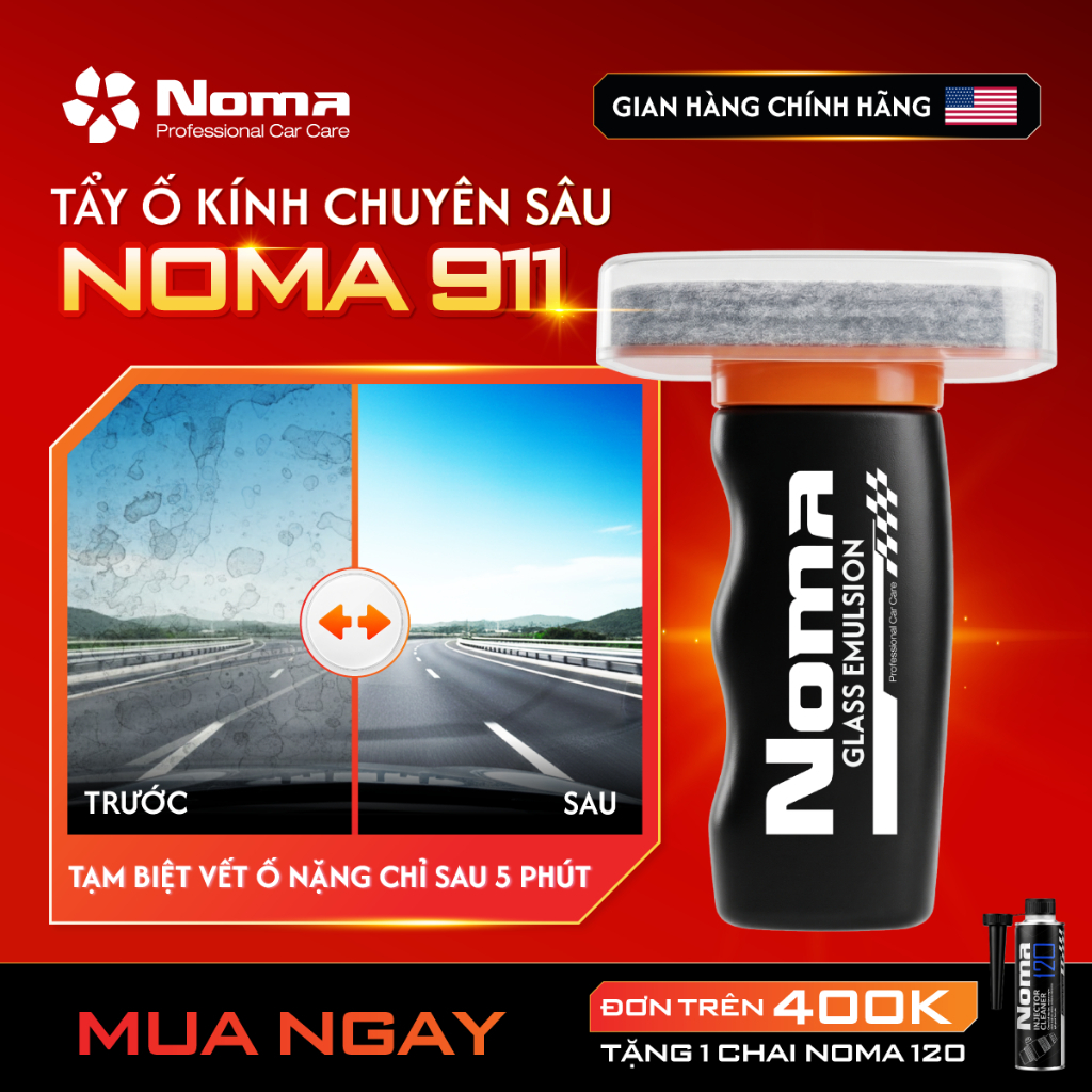 Nước rửa kính Ô tô Noma 911 tẩy sạch màng dầu, vết ố lâu ngày, hạn chế bám bụi - Tặng Pad chà