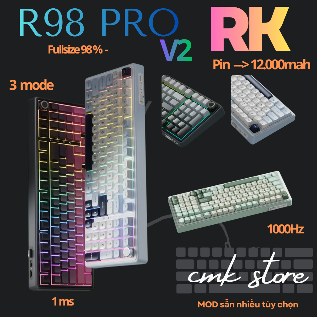 Bàn Phím Cơ Fullsize RK R98 Pro V2 - Mạch Xuôi - RGB - App