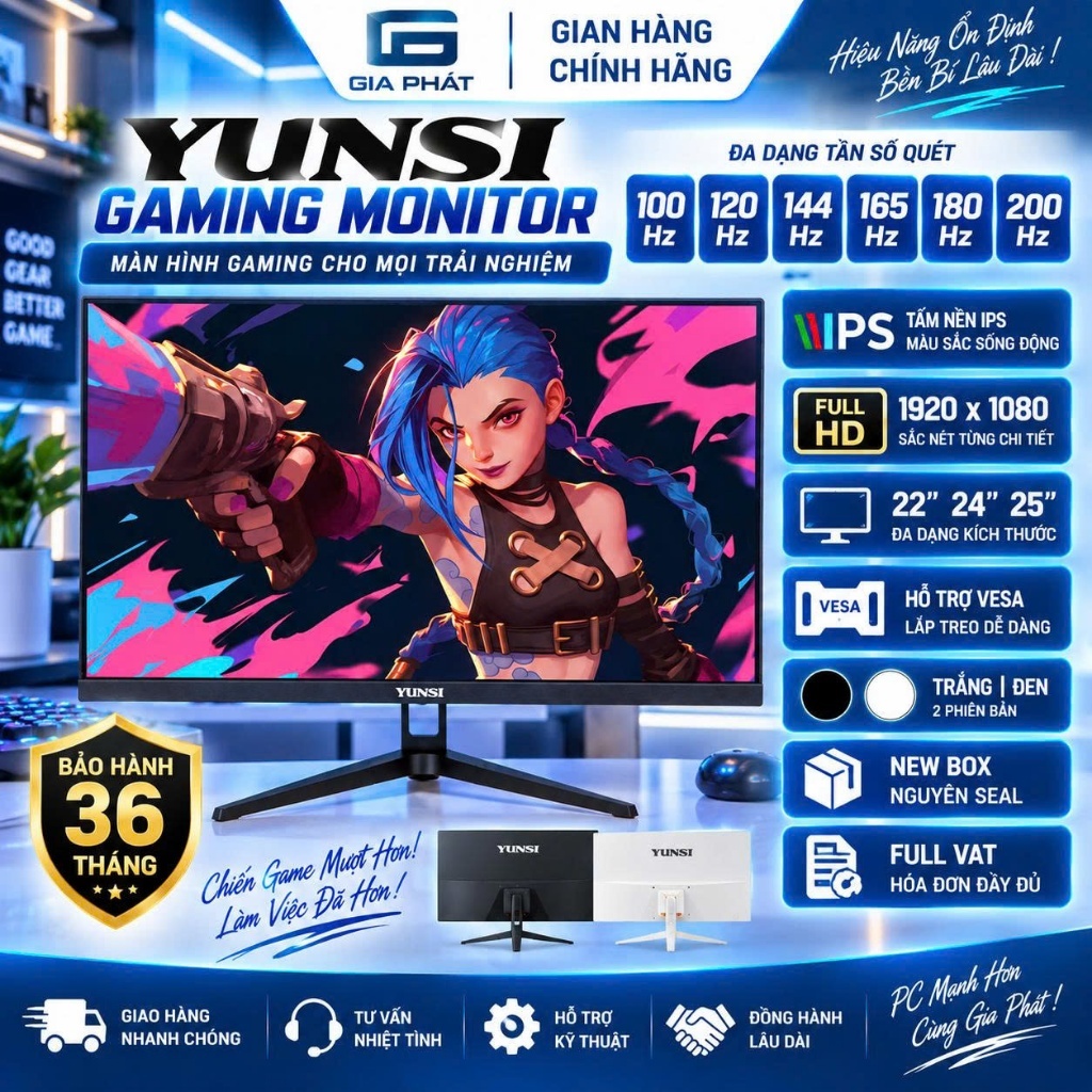 LCD màn hình gaming Yunsi 22 24 25 inch 100hz 120hz 144hz 165hz 180hz 200hz ips NEW - Trắng đen in