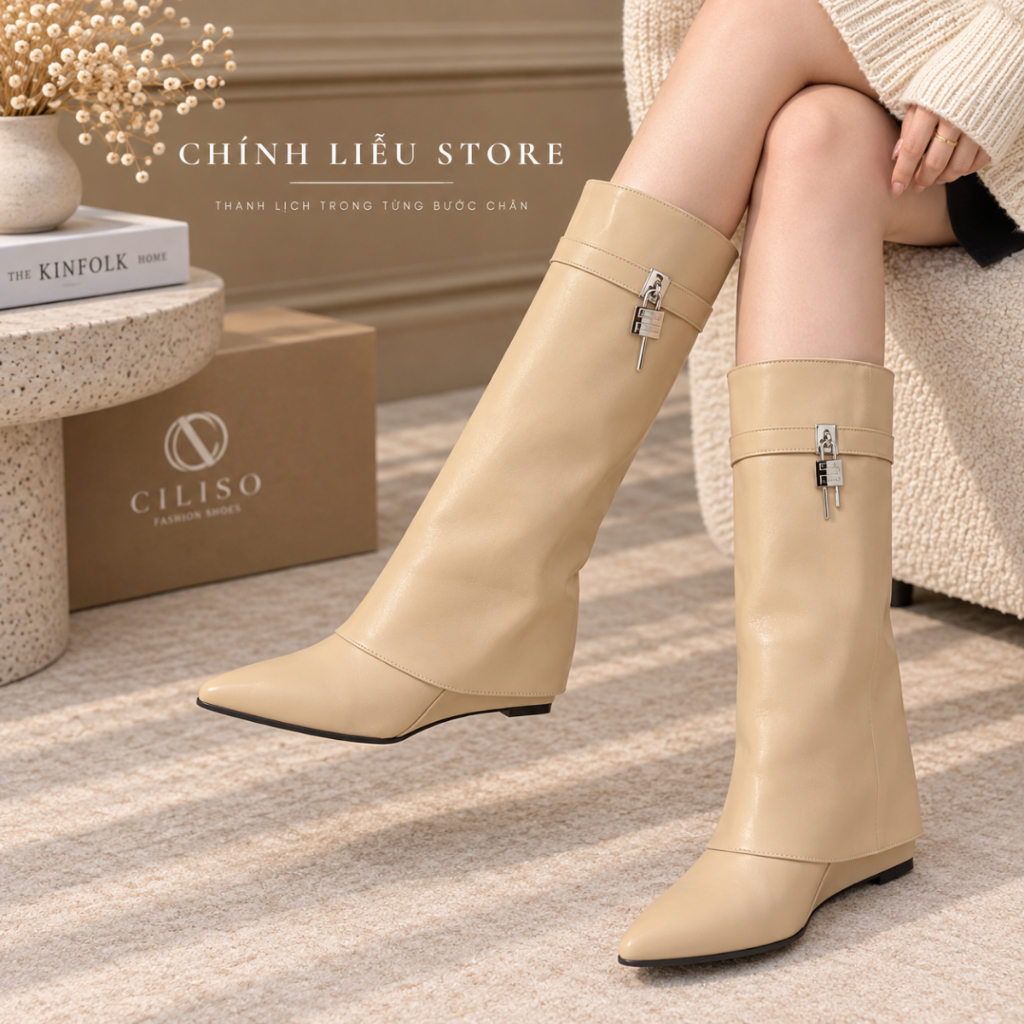 Bốt cao mũi nhọn khóa kim loại – Sharp Luxe Boots | CL Store