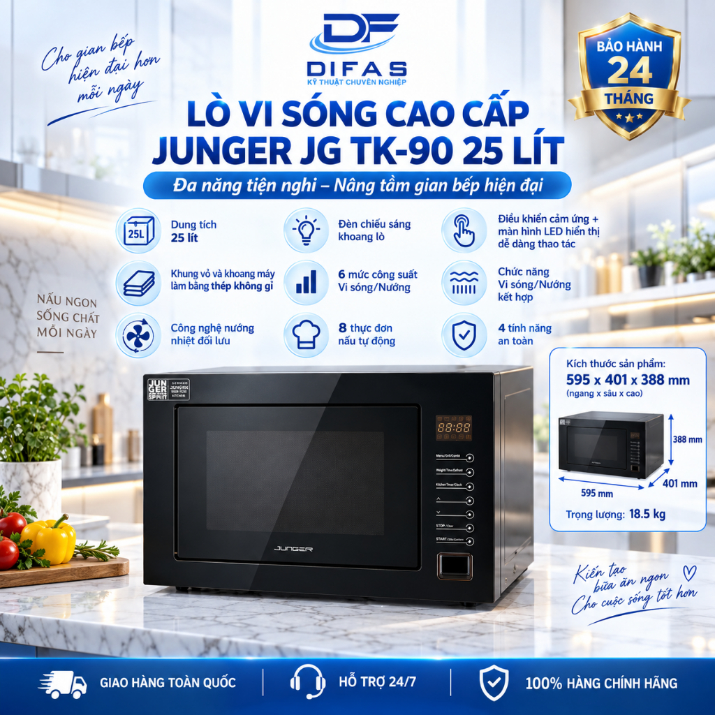 Lò Vi Sóng Âm Tủ Junger JG TK-90 25L Chính Hãng | Có Nướng 1000W | Cảm Ứng | 8 Chương Trình Nấu Tự Đ