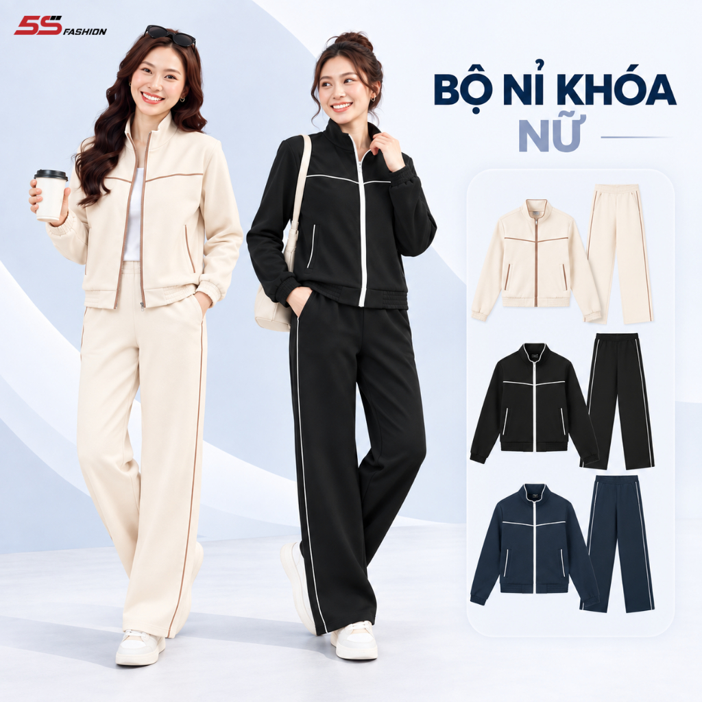 [GIÁ MỞ BÁN]Set Bộ Nỉ Khóa Nữ 5S FASHION Phối Line Phom Regular Ống Suông Năng Động WBNK25006