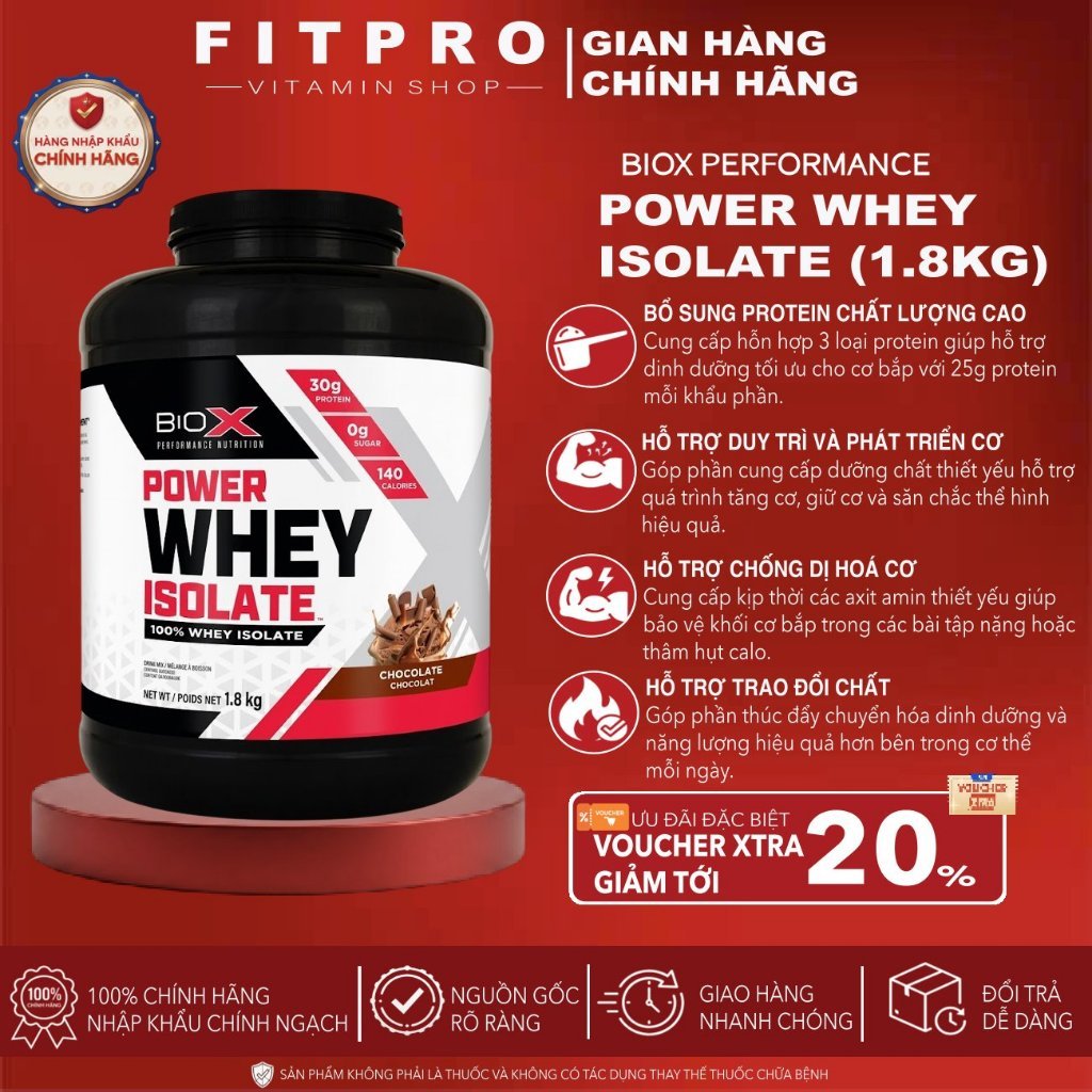 Sữa Bột Whey Protein BioX Power Whey Isolate (1.8kg), Bổ Sung 100% Whey Protein Isolate Tinh Khiết