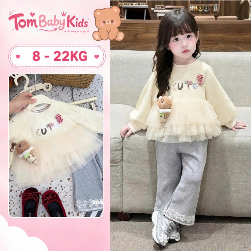 [TẶNG KẸP] Bộ nỉ thu đông phối bèo cho bé gái, đồ bộ bé gái dài tay dễ thương phối quần ống loe phong cách Hàn Quốc