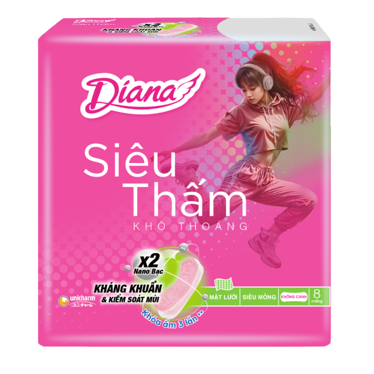 Băng vệ sinh Diana Siêu Thấm Khô Thoáng Mặt lưới - Không Cánh 8 miếng