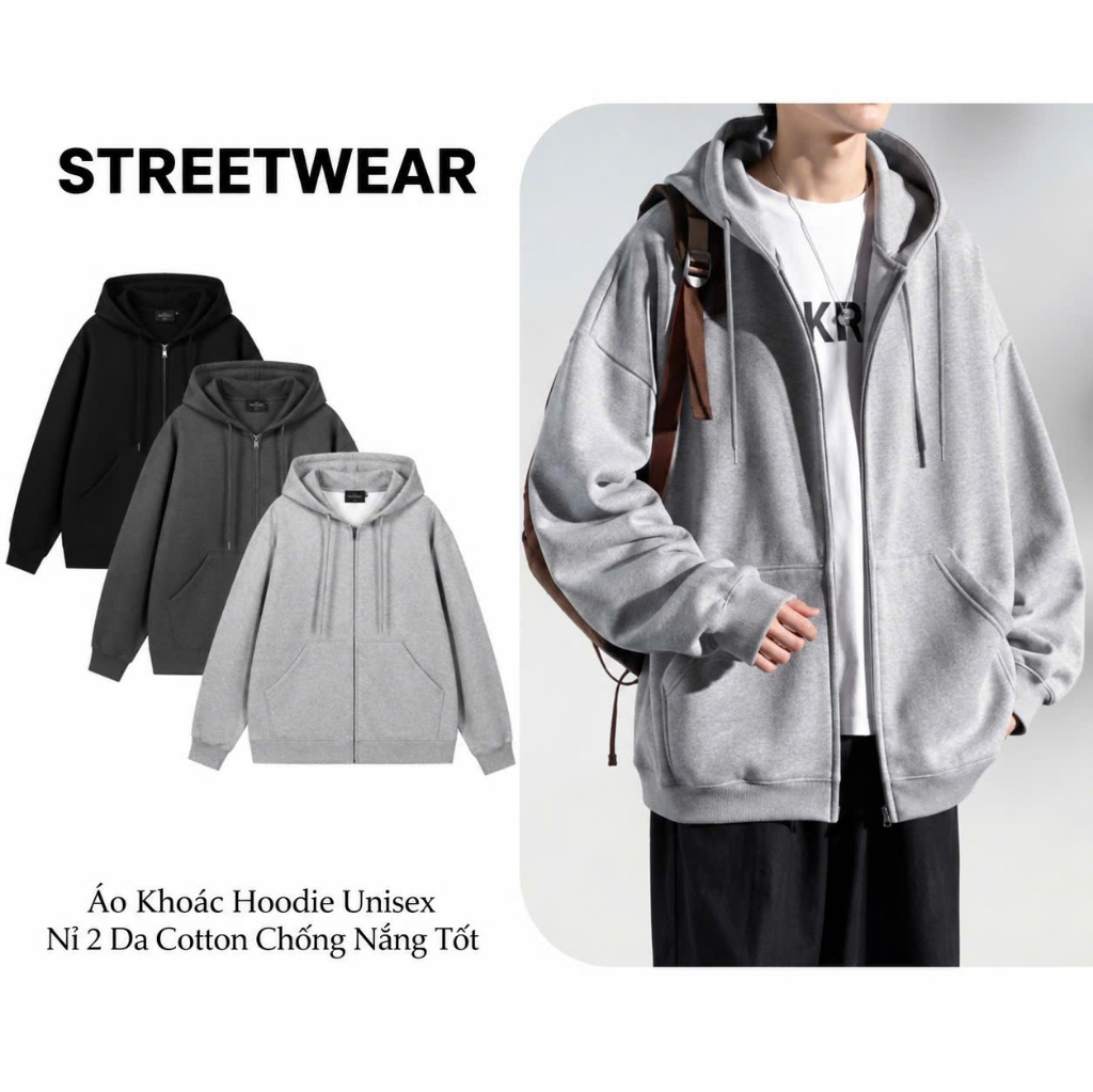Áo Hoodie Zip STREETWEAR Nam Nữ Form Rộng Áo Nỉ Khóa Kéo Phong Cách Streetwear HOODIE01