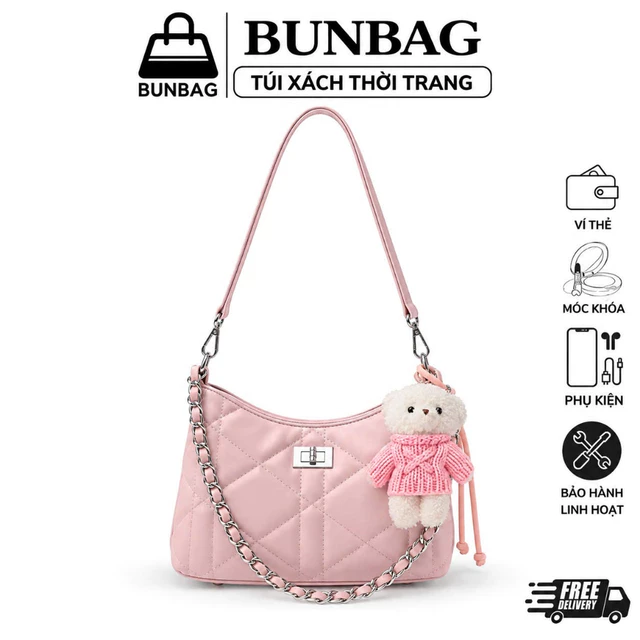 Túi Xách Nữ Hobo Chần Trám Kèm Gấu Bông Cute, Túi Đeo Vai Thời Trang Nữ Tính, Túi Xách Nữ Đi Chơi Đi Làm