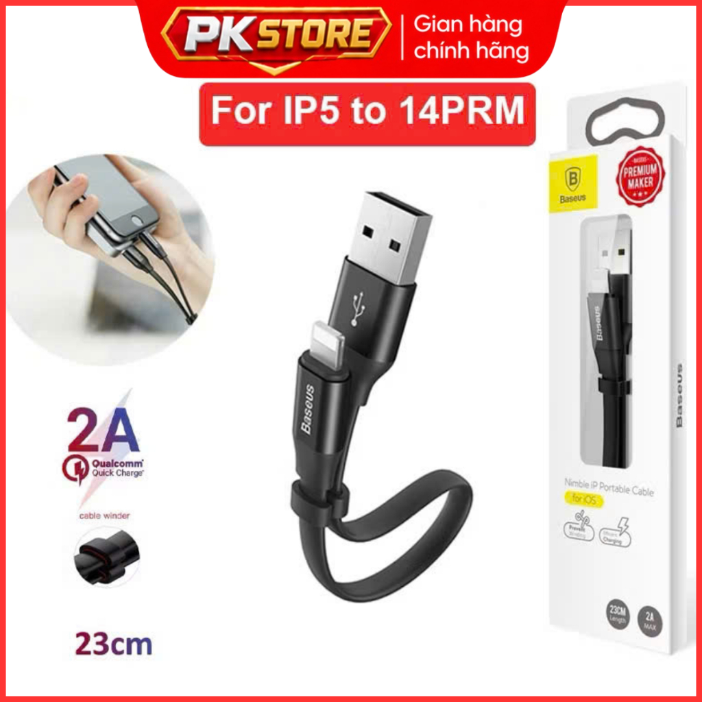 Dây Cáp ngắn Baseus Nimble dùng kèm Pin dự phòng 23Cm ho IP USB to Lighting Chống rối Siêu bền sạc n