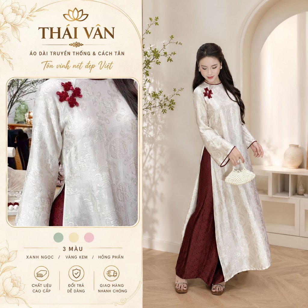 Áo Dài Cách Tân Tơ Tằm Thọ Dơi Trắng Dáng Suông Phối Nơ Sang Trọng