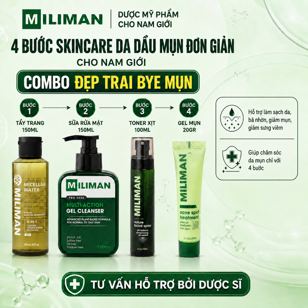 Combo Skincare Da Mụn Cho Nam MILIMAN Gồm Tẩy Trang, Sữa Rửa Mặt Nam, Toner Xịt, Gel Mụn