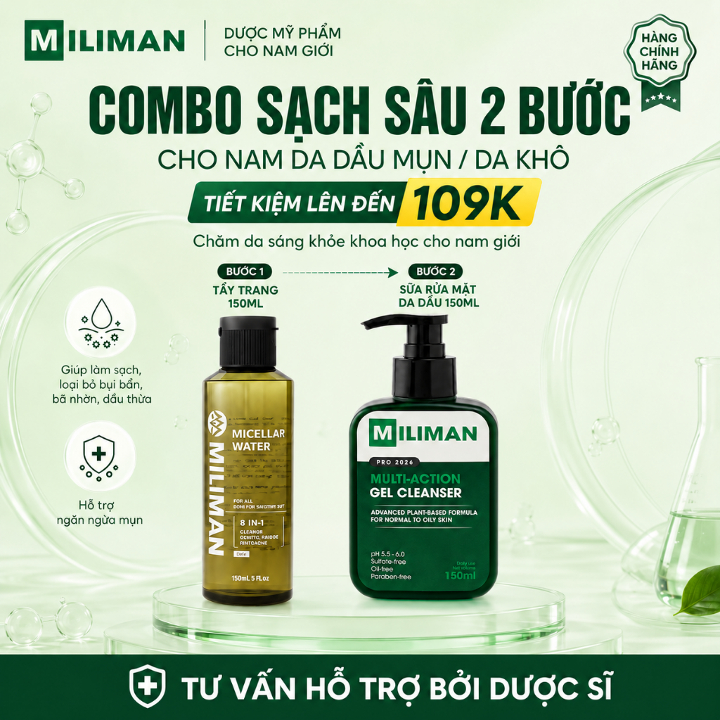 Combo Sạch Sâu MILIMAN Nước Tẩy Trang Và Sữa Rửa Mặt Nam MILIMAN 150ml | Double Cleansing Hiệu Quả
