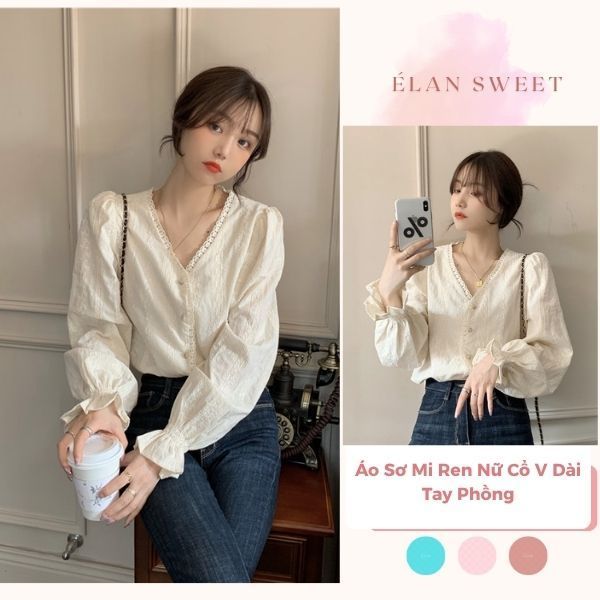 Élan Sweet - Áo Sơ Mi Ren Nữ Cổ V Dài Tay Phồng Bo - Áo Thêu Hoa Nổi Màu Kem Phong Cách Tiểu Thư Hàn Quốc