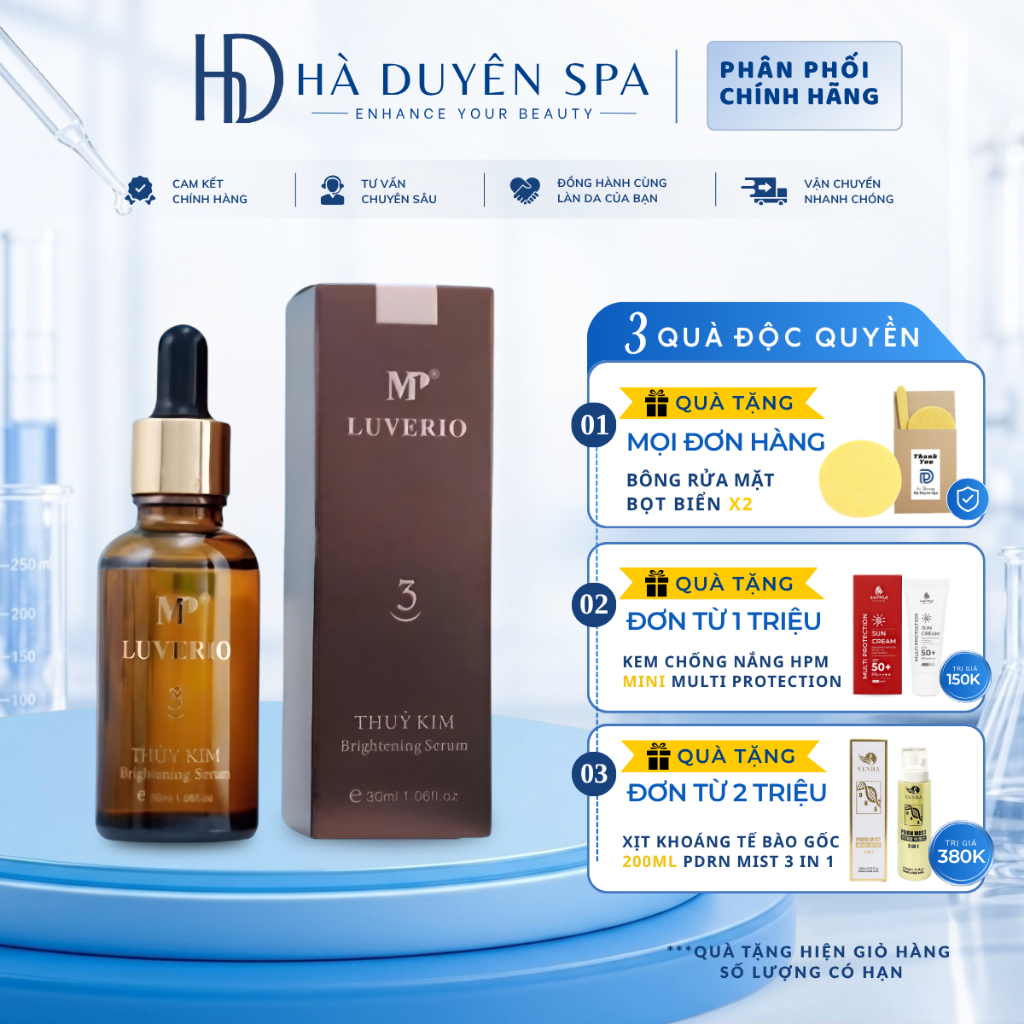 Serum Thuỷ Kim 3 Brightening Serum Luverio MP1 30ml - Li giải lớp sừng, hoá lỏng lớp dầu, da mịn màn