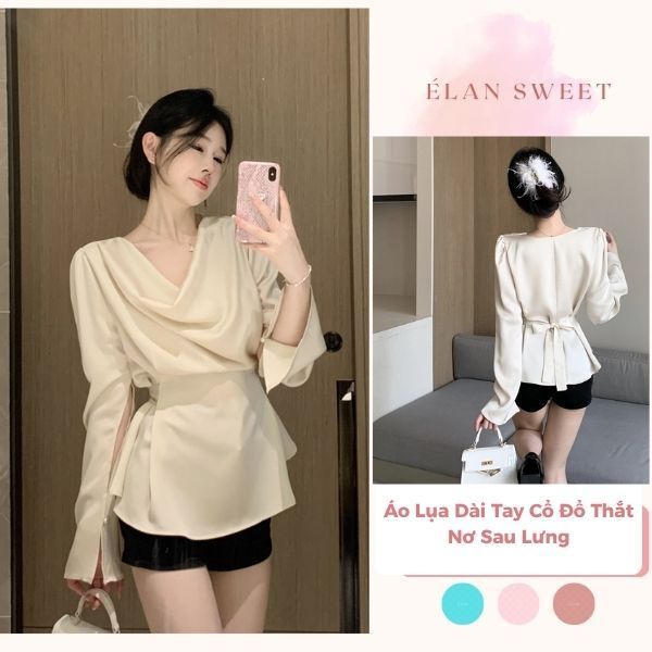 Élan Sweet - Áo Lụa Dài Tay Cổ Đổ Thắt Nơ Sau Lưng - Áo Kiểu Lụa Satin Chiết Eo Tôn Dáng Sang Chảnh Dự Tiệc