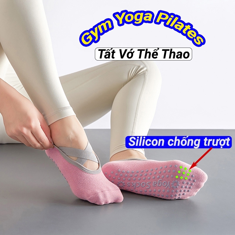 Tất vớ nữ tập Yoga Pilates Gym. Vớ nữ cổ ngắn thể thao thấm hút mồ hôi in gắn hạt silicon chống trơn trượt- Yoga Lười