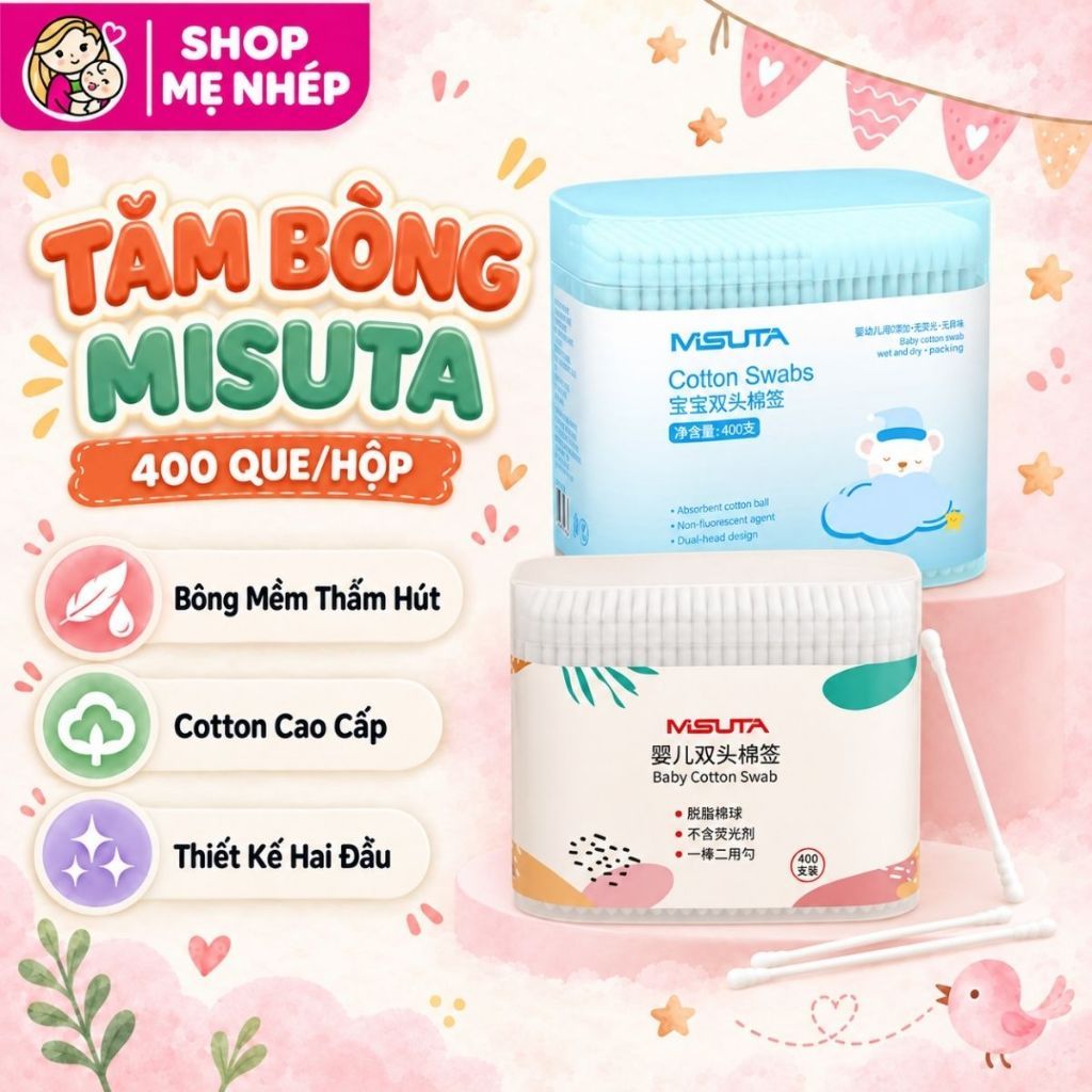 Tăm bông sơ sinh cho bé hộp 400 que Misuta, hộp V-coool 200 que (hàng cao cấp)